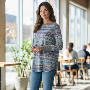 J.Jill Women’s Fair Isle Knit Tunic Top Long Sleeve Blue Gray Pullover